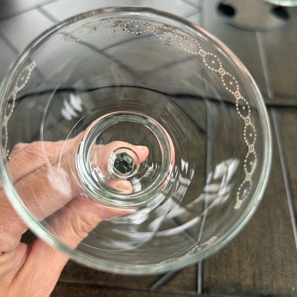 Vintage Heavy Crystal Champagne glass set of 5, gold Geo design, MCM, Cordials